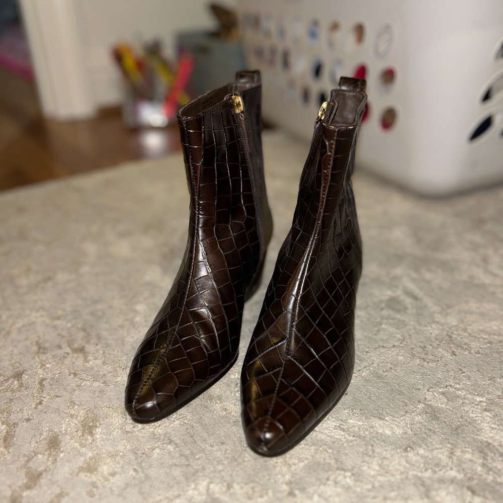 J Crew Crocodile Printed Leather Brown Ankle Boot